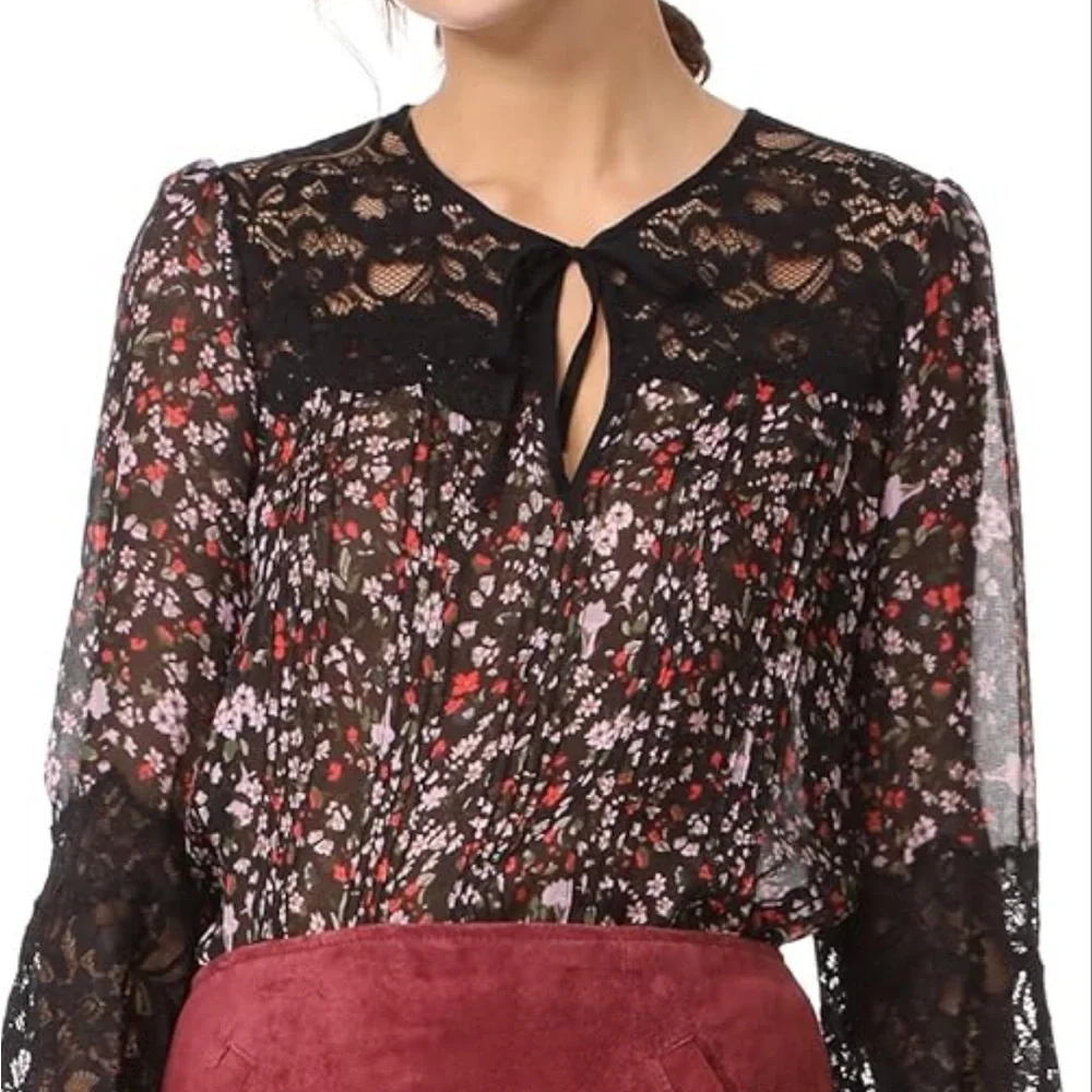 Rebecca Taylor pin tuck chiffon lace accent sheer blouse floral print - Picture 4 of 8